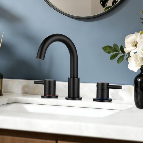 FGKQ Black Bathroom Faucet for Sink 3 Hole, Bathroom Sink Faucet with Pop Up Drain, 8 Inch Widespread Vanity Faucet 3 Hole, 360° Swivel Two Handle with Supply Lines in Saudi Arabia