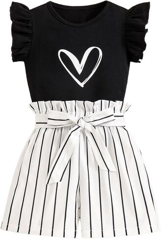 Girls' 2 Pieces Outfits Cute Ruffle Sleeve Top and High Waisted Striped Shorts Set in Kuwait