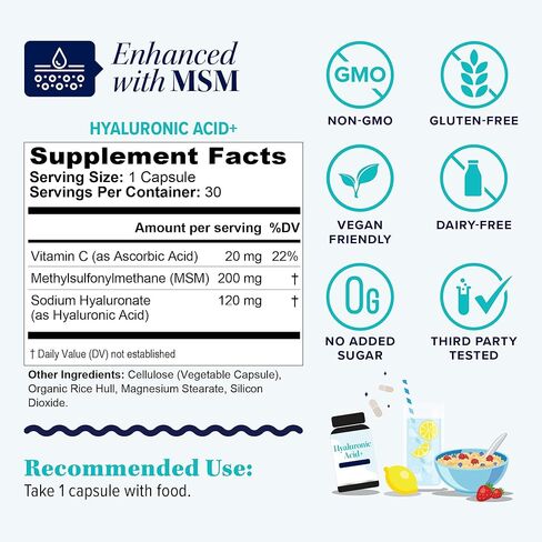 كبسولات حمض الهيالورونيك مع MSM وفيتامين C | 120 ملغ هيالورونات الصوديوم | ترطيب البشرة ومرونتها ودعم الكولاجين | مكمل تجميل نباتي، غير معدّل وراثيًا، مضاد للأكسدة، 30 حصة in Kuwait