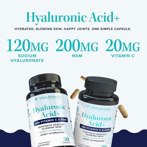 كبسولات حمض الهيالورونيك مع MSM وفيتامين C | 120 ملغ هيالورونات الصوديوم | ترطيب البشرة ومرونتها ودعم الكولاجين | مكمل تجميل نباتي، غير معدّل وراثيًا، مضاد للأكسدة، 30 حصة in Kuwait