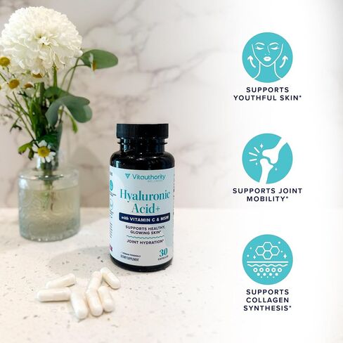 كبسولات حمض الهيالورونيك مع MSM وفيتامين C | 120 ملغ هيالورونات الصوديوم | ترطيب البشرة ومرونتها ودعم الكولاجين | مكمل تجميل نباتي، غير معدّل وراثيًا، مضاد للأكسدة، 30 حصة in Kuwait