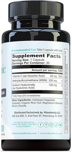 كبسولات حمض الهيالورونيك مع MSM وفيتامين C | 120 ملغ هيالورونات الصوديوم | ترطيب البشرة ومرونتها ودعم الكولاجين | مكمل تجميل نباتي، غير معدّل وراثيًا، مضاد للأكسدة، 30 حصة in Kuwait