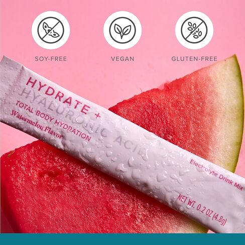 Isagenix Hydrate + حمض الهيالورونيك للمساعدة في تحسين رطوبة البشرة - ترطيب فائق مع 1625+ ملغ من الإلكتروليتات الأساسية - بدون سكر مضاف - نكهة البطيخ - 0.2 أونصة العصي - 24 حصة in Kuwait