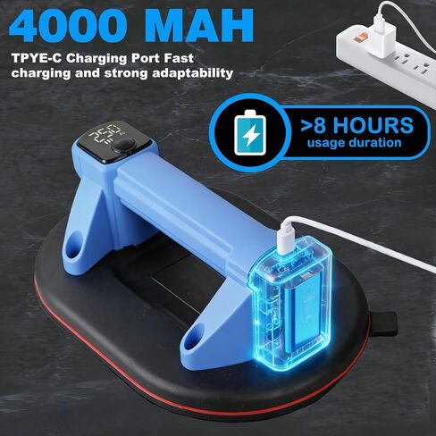 كوب شفط كهربائي 10 بوصة 600 رطل، شفط تلقائي لبدء التشغيل مع شاشة LED، بطارية مزدوجة 2000 مللي أمبير في الساعة من النوع C لرفع المعادن الثقيلة للبلاط الزجاجي in Kuwait