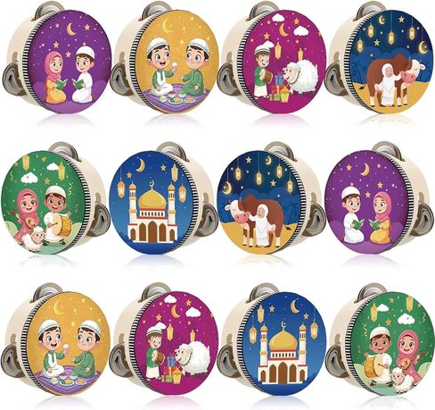 Boao 12 Pcs Ramadan Tambourine 4 Inch with Printed Eid Design Ramadan Party Favor Handheld Jingle Drum for Eid al-Fitr and Celebration, Party Decoration and Musical Performance in Kuwait