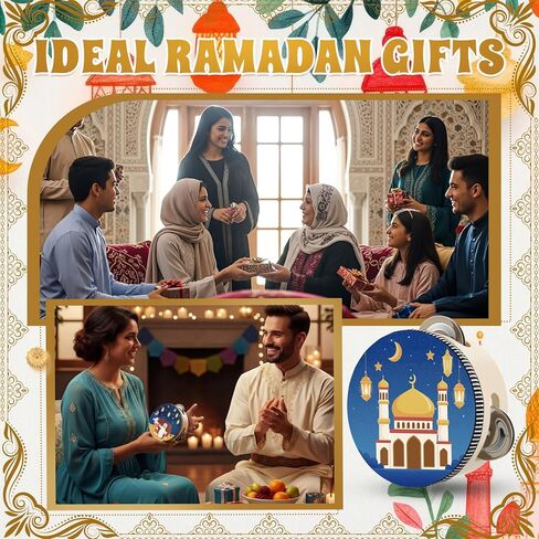 Boao 12 Pcs Ramadan Tambourine 4 Inch with Printed Eid Design Ramadan Party Favor Handheld Jingle Drum for Eid al-Fitr and Celebration, Party Decoration and Musical Performance in Kuwait
