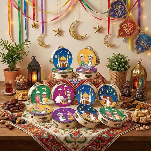 Boao 12 Pcs Ramadan Tambourine 4 Inch with Printed Eid Design Ramadan Party Favor Handheld Jingle Drum for Eid al-Fitr and Celebration, Party Decoration and Musical Performance in Kuwait