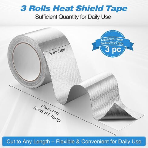 Dreyoo 3 Rolls Adhesive Aluminum Foil Heat Shield Tape, 3‘' x 66 Ft Adhesive Aluminum Foil Fiberglass Heat Shield Tape for HVAC, Pipe, High Temp Protection in Saudi Arabia