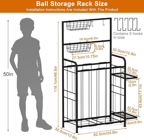 Shinoske Sports Equipment Organizer, Garage Storage Rack With Hooks and Baskets,Multi Use Large capacity Ball Storage Rack for Basketball,Football, Soccer, Bat, Toys,Indoor/Outdoor Use,Black in Kuwait