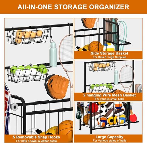 Shinoske Sports Equipment Organizer, Garage Storage Rack With Hooks and Baskets,Multi Use Large capacity Ball Storage Rack for Basketball,Football, Soccer, Bat, Toys,Indoor/Outdoor Use,Black in Kuwait