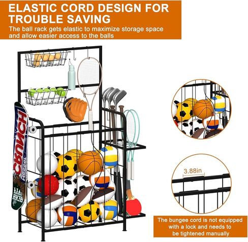 Shinoske Sports Equipment Organizer, Garage Storage Rack With Hooks and Baskets,Multi Use Large capacity Ball Storage Rack for Basketball,Football, Soccer, Bat, Toys,Indoor/Outdoor Use,Black in Kuwait