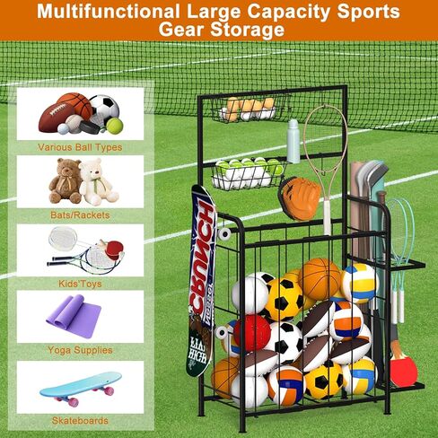 Shinoske Sports Equipment Organizer, Garage Storage Rack With Hooks and Baskets,Multi Use Large capacity Ball Storage Rack for Basketball,Football, Soccer, Bat, Toys,Indoor/Outdoor Use,Black in Kuwait