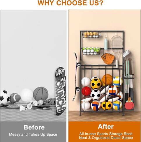Shinoske Sports Equipment Organizer, Garage Storage Rack With Hooks and Baskets,Multi Use Large capacity Ball Storage Rack for Basketball,Football, Soccer, Bat, Toys,Indoor/Outdoor Use,Black in Kuwait