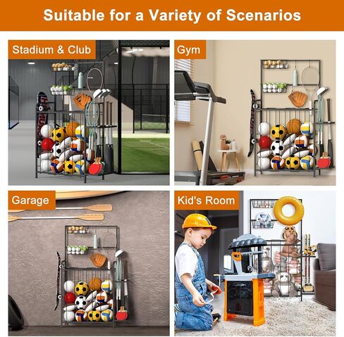 Shinoske Sports Equipment Organizer, Garage Storage Rack With Hooks and Baskets,Multi Use Large capacity Ball Storage Rack for Basketball,Football, Soccer, Bat, Toys,Indoor/Outdoor Use,Black in Kuwait