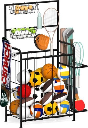 Shinoske Sports Equipment Organizer, Garage Storage Rack With Hooks and Baskets,Multi Use Large capacity Ball Storage Rack for Basketball,Football, Soccer, Bat, Toys,Indoor/Outdoor Use,Black in Kuwait