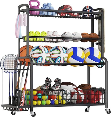 منظم معدات رياضية كبير الحجم، 4 طبقات من الكرات لتنظيم الكرات مع عجلات وخطافات وسلال ومنظمات الكرات وتخزينها للاستخدام الداخلي والخارجي لتخزين معدات الألعاب الرياضية، أسود in Kuwait