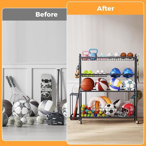 منظم معدات رياضية كبير الحجم، 4 طبقات من الكرات لتنظيم الكرات مع عجلات وخطافات وسلال ومنظمات الكرات وتخزينها للاستخدام الداخلي والخارجي لتخزين معدات الألعاب الرياضية، أسود in Kuwait