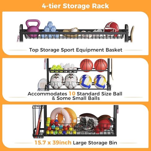 منظم معدات رياضية كبير الحجم، 4 طبقات من الكرات لتنظيم الكرات مع عجلات وخطافات وسلال ومنظمات الكرات وتخزينها للاستخدام الداخلي والخارجي لتخزين معدات الألعاب الرياضية، أسود in Kuwait