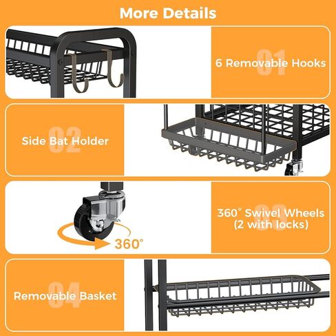 منظم معدات رياضية كبير الحجم، 4 طبقات من الكرات لتنظيم الكرات مع عجلات وخطافات وسلال ومنظمات الكرات وتخزينها للاستخدام الداخلي والخارجي لتخزين معدات الألعاب الرياضية، أسود in Kuwait