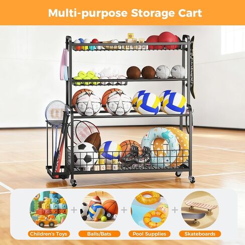 منظم معدات رياضية كبير الحجم، 4 طبقات من الكرات لتنظيم الكرات مع عجلات وخطافات وسلال ومنظمات الكرات وتخزينها للاستخدام الداخلي والخارجي لتخزين معدات الألعاب الرياضية، أسود in Kuwait