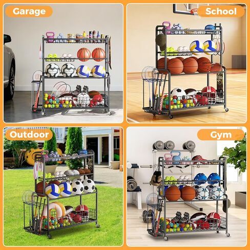 منظم معدات رياضية كبير الحجم، 4 طبقات من الكرات لتنظيم الكرات مع عجلات وخطافات وسلال ومنظمات الكرات وتخزينها للاستخدام الداخلي والخارجي لتخزين معدات الألعاب الرياضية، أسود in Kuwait