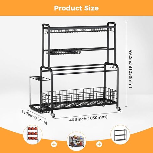 منظم معدات رياضية كبير الحجم، 4 طبقات من الكرات لتنظيم الكرات مع عجلات وخطافات وسلال ومنظمات الكرات وتخزينها للاستخدام الداخلي والخارجي لتخزين معدات الألعاب الرياضية، أسود in Kuwait