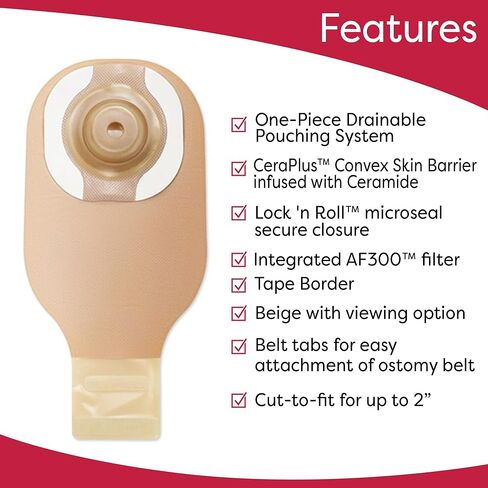 Hollister 8918 CeraPlus Convex 1-Piece 12" Drainable Ostomy Pouch, Cut-to-Fit up to 1-1/2", Beige with Viewing Option, Pack of 5 in Saudi Arabia