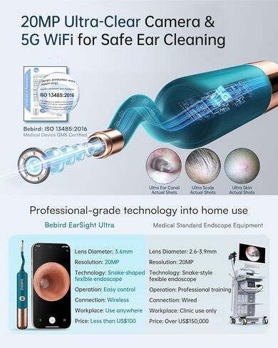 Bebird Earsight Ultra Ear Wax Removal Tool Camera, FSA HSA Eligible Ear Cleaner with 2K HD Camera Otoscope, 90-minute Battery Earwax Remover &Visual Ear Pick Tweezers, Safe Ear Cleaning Kit for Family in Kuwait