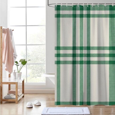 ستارة دش لطيفة منقوشة باللون الأخضر والبيج مع خطافات، ستارة دش صيفية مقاومة للماء في منتصف القرن، ستائر لطيفة للعطلات من القماش قابلة للغسل لديكور RV 60 × 72 بوصة in Kuwait