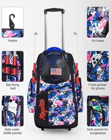 حقيبة بيسبول دوارة بعجلات، حقيبة ظهر بيسبول 60 لتر تحمل 4 مضارب مع خوذة وتخزين معدات الصيد وحجرة أحذية مستقلة، معدات مضرب ذات عجلات للشباب والكبار in Kuwait