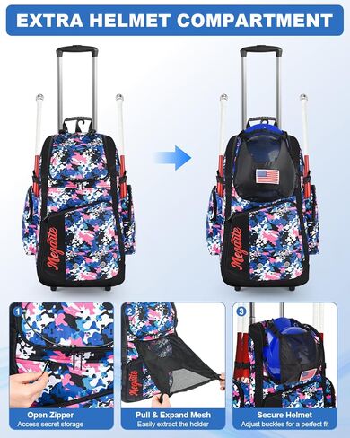 حقيبة بيسبول دوارة بعجلات، حقيبة ظهر بيسبول 60 لتر تحمل 4 مضارب مع خوذة وتخزين معدات الصيد وحجرة أحذية مستقلة، معدات مضرب ذات عجلات للشباب والكبار in Kuwait