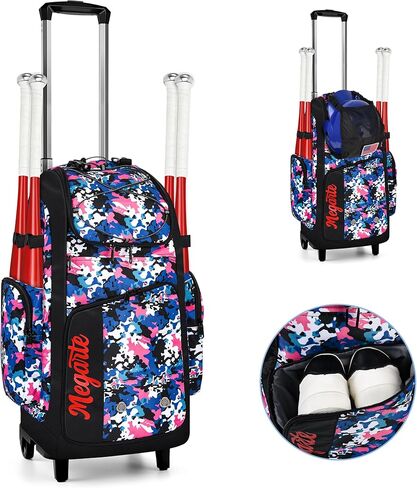 حقيبة بيسبول دوارة بعجلات، حقيبة ظهر بيسبول 60 لتر تحمل 4 مضارب مع خوذة وتخزين معدات الصيد وحجرة أحذية مستقلة، معدات مضرب ذات عجلات للشباب والكبار in Kuwait