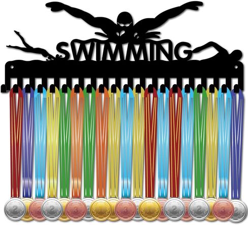 CREATCABIN Swimming Medal Holder Hanger Medals Hooks Sports Awards Display Rack Race Ribbons Organizer Black Metal Case Frame with 20 Hooks for Hanging Over 20 Medals Swimmer Medalist 15.7 x 5.9 Inch in Saudi Arabia