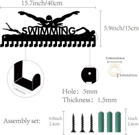 CREATCABIN Swimming Medal Holder Hanger Medals Hooks Sports Awards Display Rack Race Ribbons Organizer Black Metal Case Frame with 20 Hooks for Hanging Over 20 Medals Swimmer Medalist 15.7 x 5.9 Inch in Saudi Arabia