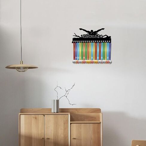 CREATCABIN Swimming Medal Holder Hanger Medals Hooks Sports Awards Display Rack Race Ribbons Organizer Black Metal Case Frame with 20 Hooks for Hanging Over 20 Medals Swimmer Medalist 15.7 x 5.9 Inch in Saudi Arabia