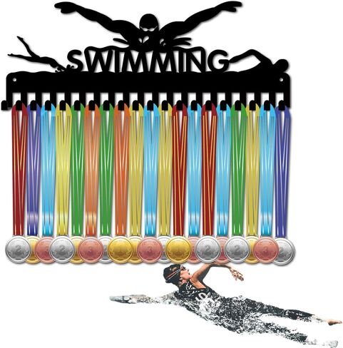 CREATCABIN Swimming Medal Holder Hanger Medals Hooks Sports Awards Display Rack Race Ribbons Organizer Black Metal Case Frame with 20 Hooks for Hanging Over 20 Medals Swimmer Medalist 15.7 x 5.9 Inch in Saudi Arabia