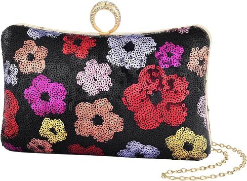 Sequin Clutch Bag for Women, Purple Floral Embroidered Evening Purse with Wooden Base, Top Handle & Removable Chain – Crossbody Handbag for Wedding, Party, Travel in Saudi Arabia