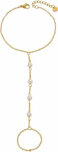 Hand Chain Bracelet for Women 18K Gold Plated Pearl Beaded Moon Star Cubic Zirconia Ring Bracelet Hand Chain Trendy Body Jewlery Gifts in Kuwait