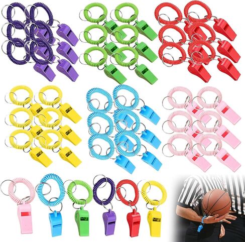 42 Pcs Sport Whistle with Bracelet, 6 Colors Loud Plastic Whistles with Stretchable Coil Wrist Keychain Ring for Coaches, Referees, Officials, Birthday Party Gift, Emergency Training（6 Colors） in Saudi Arabia