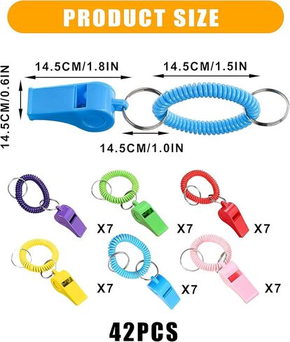 42 Pcs Sport Whistle with Bracelet, 6 Colors Loud Plastic Whistles with Stretchable Coil Wrist Keychain Ring for Coaches, Referees, Officials, Birthday Party Gift, Emergency Training（6 Colors） in Saudi Arabia