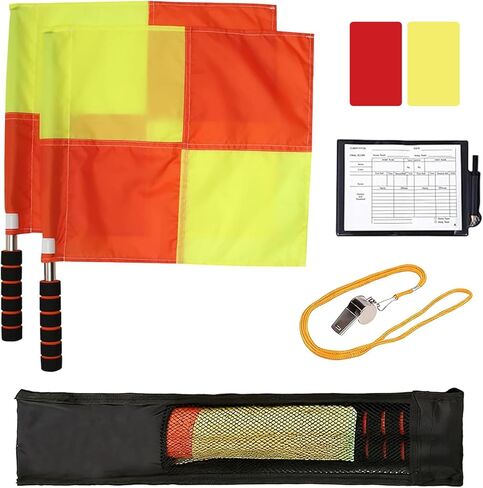 Professional Soccer Referee Kit - 2 Pcs Checkered Linesman Soccere Flags, Red Yellow Ref Cards with Notebook and Pencil,Coach Stainless Steel Whistles with Storage Bag | Ideal for Football Referees, Coaches, and Officials in Kuwait