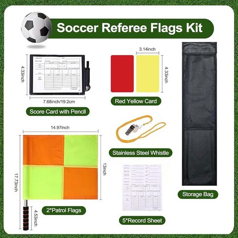 Professional Soccer Referee Kit - 2 Pcs Checkered Linesman Soccere Flags, Red Yellow Ref Cards with Notebook and Pencil,Coach Stainless Steel Whistles with Storage Bag | Ideal for Football Referees, Coaches, and Officials in Kuwait