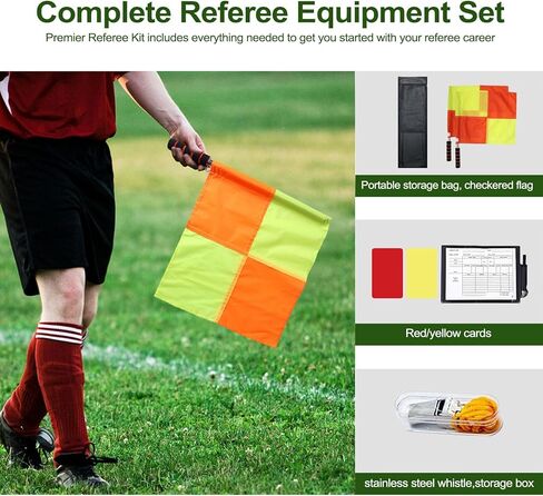 Professional Soccer Referee Kit - 2 Pcs Checkered Linesman Soccere Flags, Red Yellow Ref Cards with Notebook and Pencil,Coach Stainless Steel Whistles with Storage Bag | Ideal for Football Referees, Coaches, and Officials in Kuwait