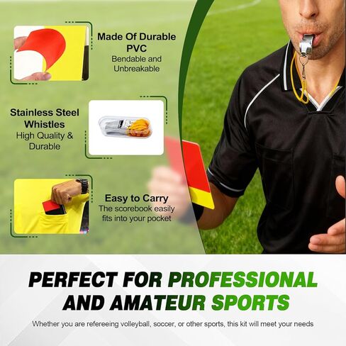 Professional Soccer Referee Kit - 2 Pcs Checkered Linesman Soccere Flags, Red Yellow Ref Cards with Notebook and Pencil,Coach Stainless Steel Whistles with Storage Bag | Ideal for Football Referees, Coaches, and Officials in Kuwait