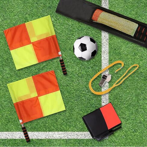 Professional Soccer Referee Kit - 2 Pcs Checkered Linesman Soccere Flags, Red Yellow Ref Cards with Notebook and Pencil,Coach Stainless Steel Whistles with Storage Bag | Ideal for Football Referees, Coaches, and Officials in Kuwait