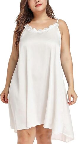 Women's Plus Size Silk Nightgown Sleeveless Chemise Slip Lingerie Sleepwear with Floral Neckline in Kuwait