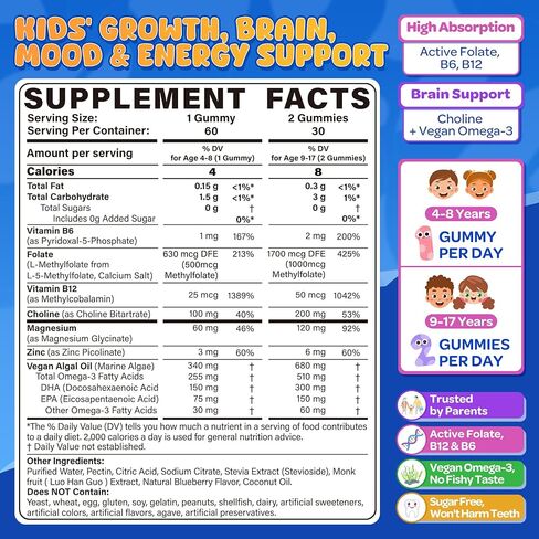 L Methylfolate 1000mcg for Kids Teens Gummies + Methyl B6 B12, Active 5-Mthf Methyl Folate, MTHFR Supplement w/ Choline Omega-3 Magnesium Zinc for Focus Cognition Mood Energy, Sugar Free, Vean, 120Cts in Saudi Arabia