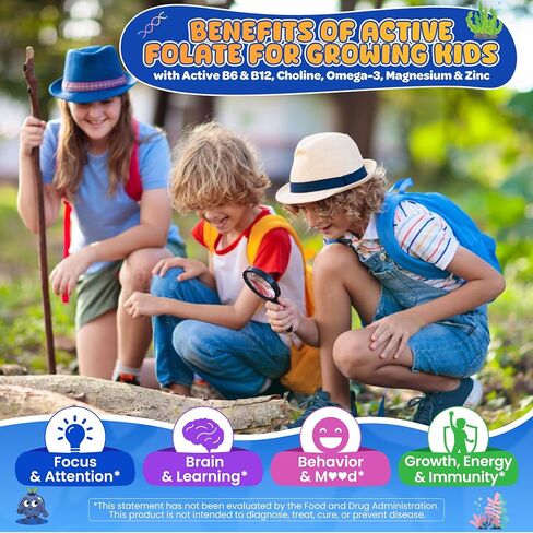 L Methylfolate 1000mcg for Kids Teens Gummies + Methyl B6 B12, Active 5-Mthf Methyl Folate, MTHFR Supplement w/ Choline Omega-3 Magnesium Zinc for Focus Cognition Mood Energy, Sugar Free, Vean, 120Cts in Saudi Arabia