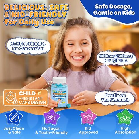 L Methylfolate 1000mcg for Kids Teens Gummies + Methyl B6 B12, Active 5-Mthf Methyl Folate, MTHFR Supplement w/ Choline Omega-3 Magnesium Zinc for Focus Cognition Mood Energy, Sugar Free, Vean, 120Cts in Saudi Arabia