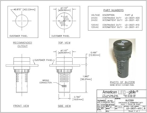 LED Andon LD-2837-410 22mm Panel Mount Buzzer, 120V, Continuous Duty in Saudi Arabia